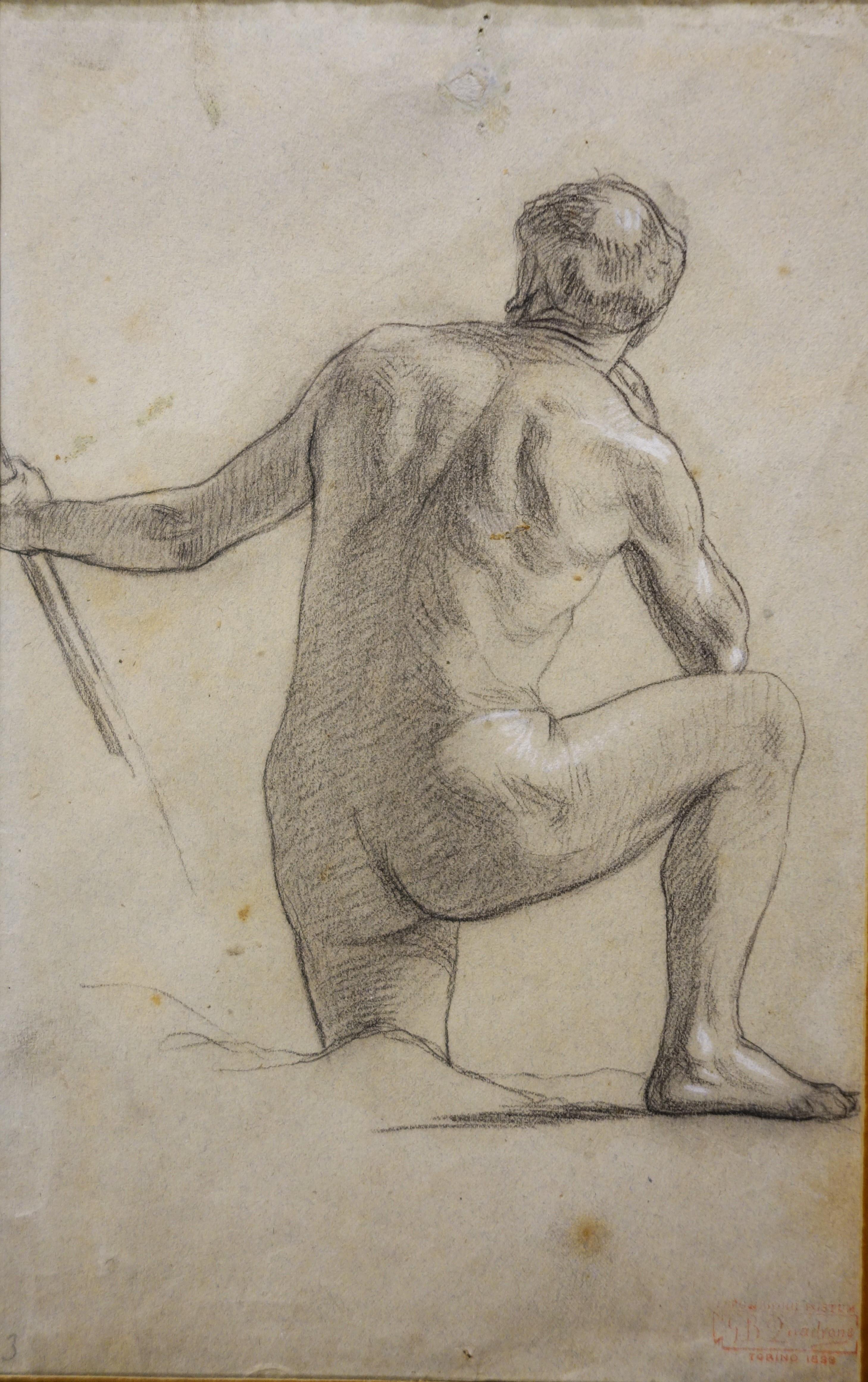 Giovanni Battista Quadrone Figurative Art - "Male nude"  Pencil cm. 18 x 27  1893 ca