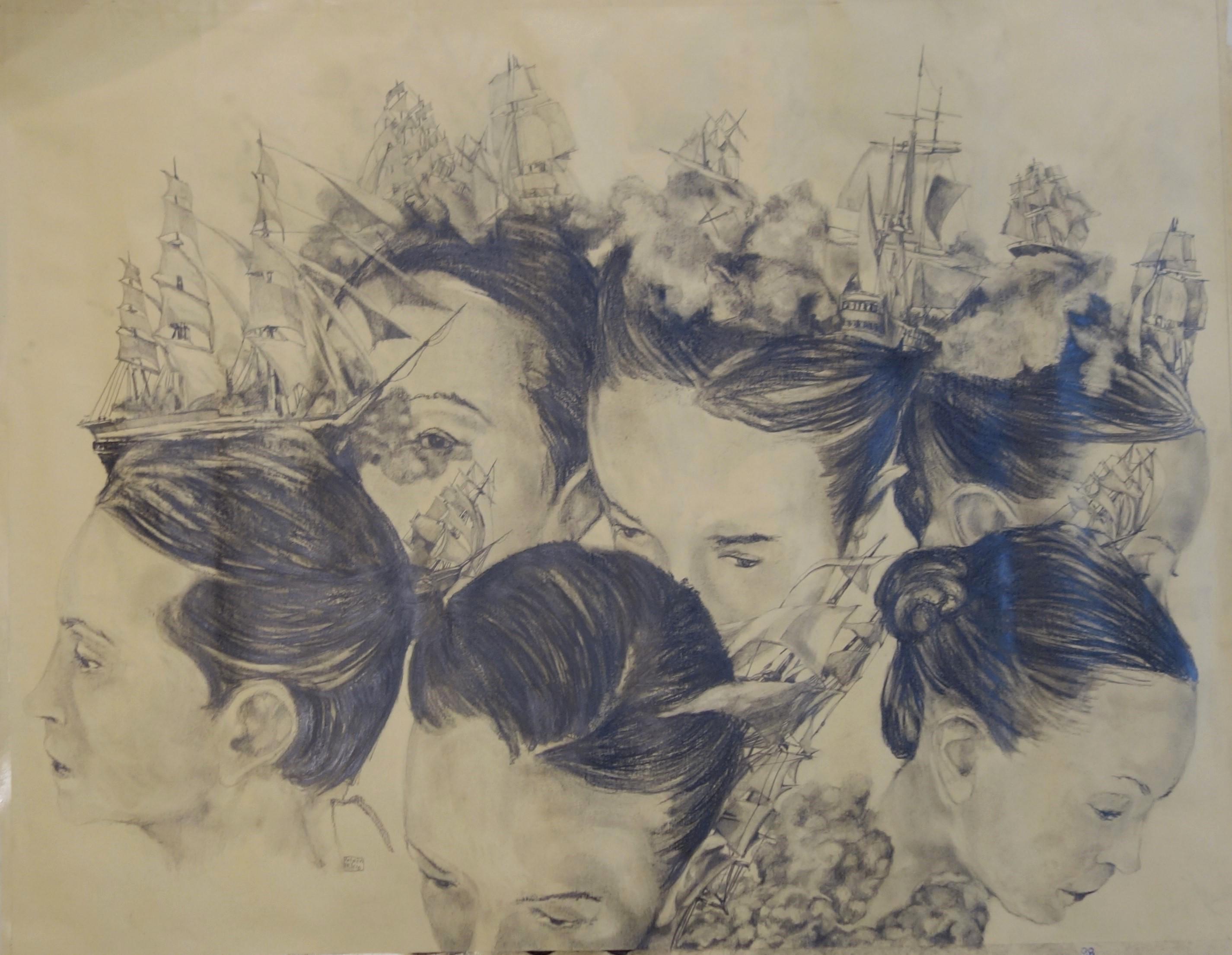 Andrea Pescio Figurative Painting - "Battle in my mind  II "  Faces of women and ships , pencil  cm. 98 x 76
