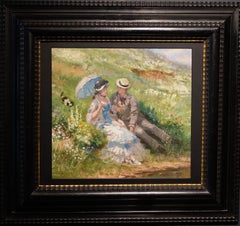 "Rest near the river" Man,  woman , dog , 19th, impressionism 1860 oil cm. 30 x 28