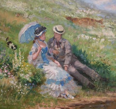"Rest near the river" Man,  woman , dog , 19th, impressionism 1860 oil cm. 30 x 28