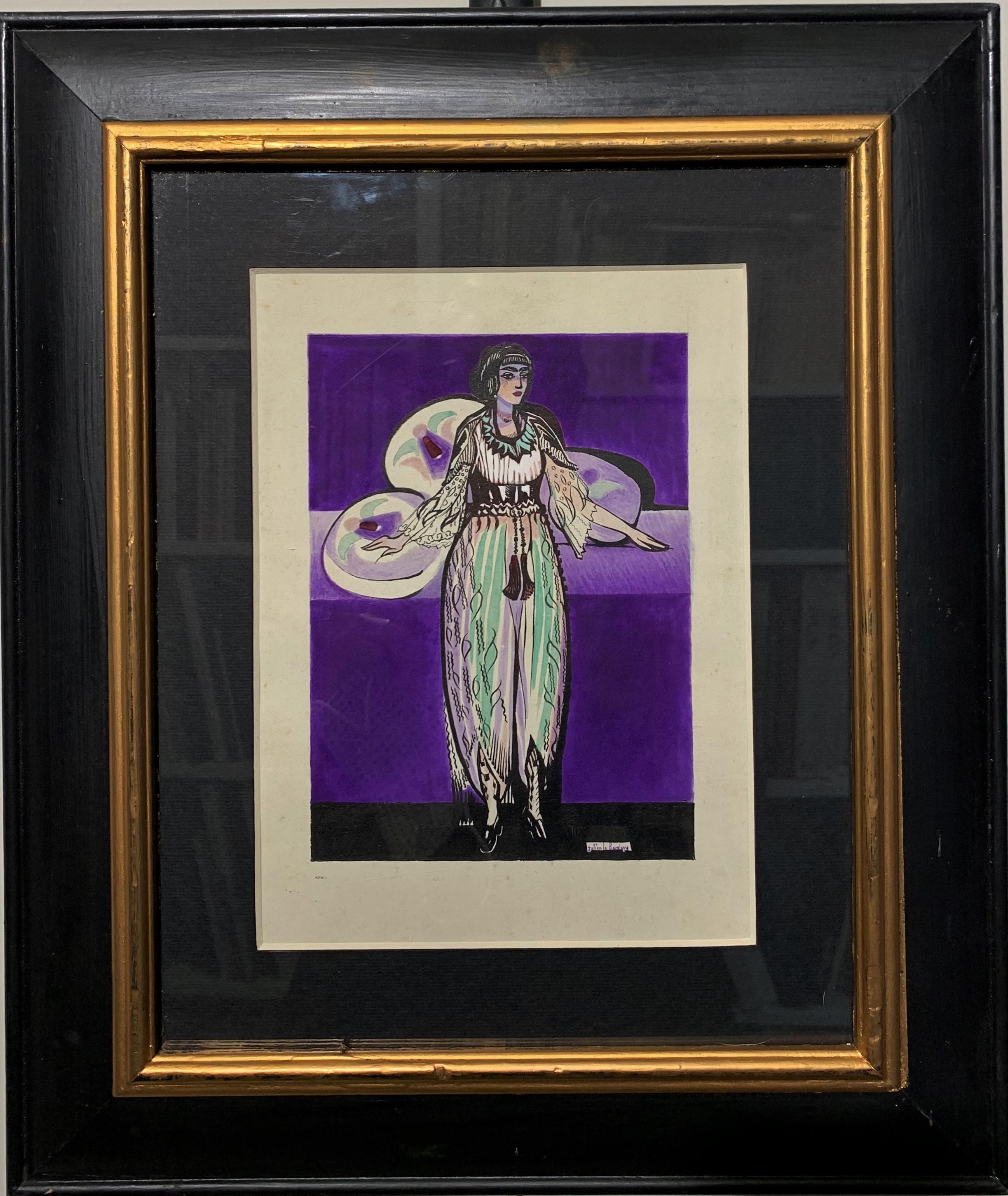Julien LE BORDAYS  Figurative Art - "Odalisque" Arabic, Women, Harem, 1920, Watercolor Purple, Black cm.13 x 18