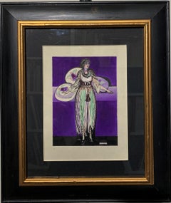 "Odalisque" arabe, femmes, harem, 1920, aquarelle violette, noire cm.13 x 18