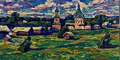"Village"Russia, impressionism, countryside oil cm 40x 21  1982