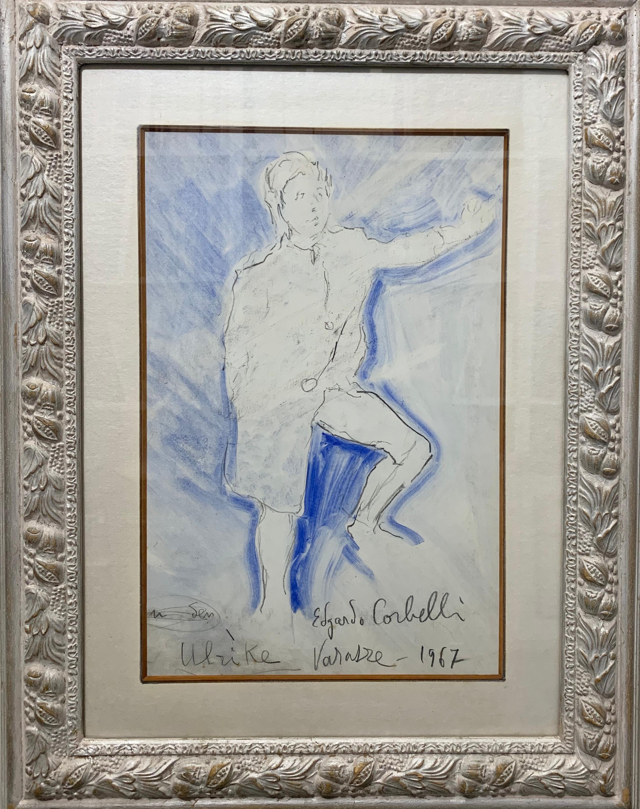 Edgardo Corbelli Figurative Art - "Young boy in blue" Ulrike , Boy, Blue, watercolor, cm. 31 x 48 1967