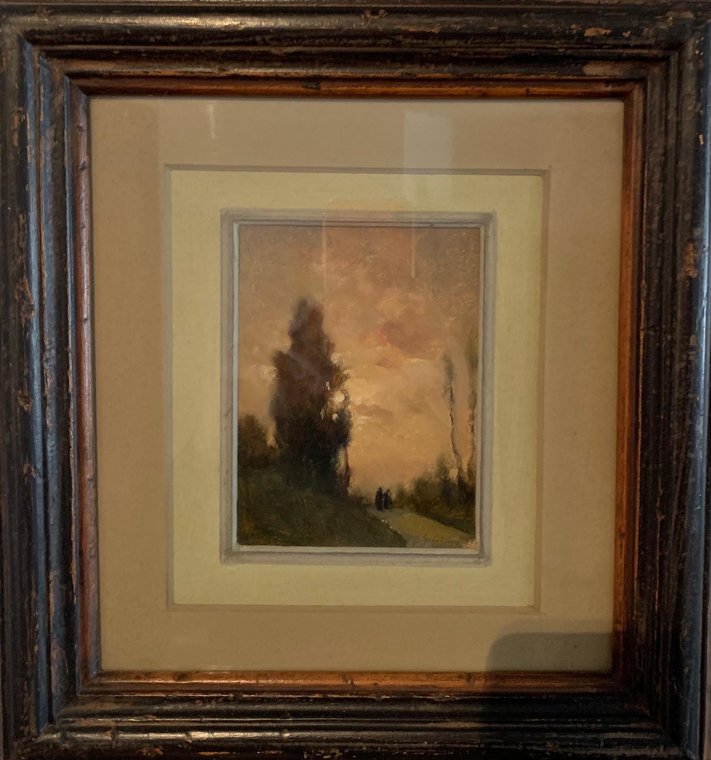 Giovanni Colmo  Landscape Painting - "Landscape at sunset with figures on the horizon" cm.11 x14  Oil  1890