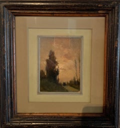 Antique "Landscape at sunset with figures on the horizon" cm.11 x14  Oil  1890