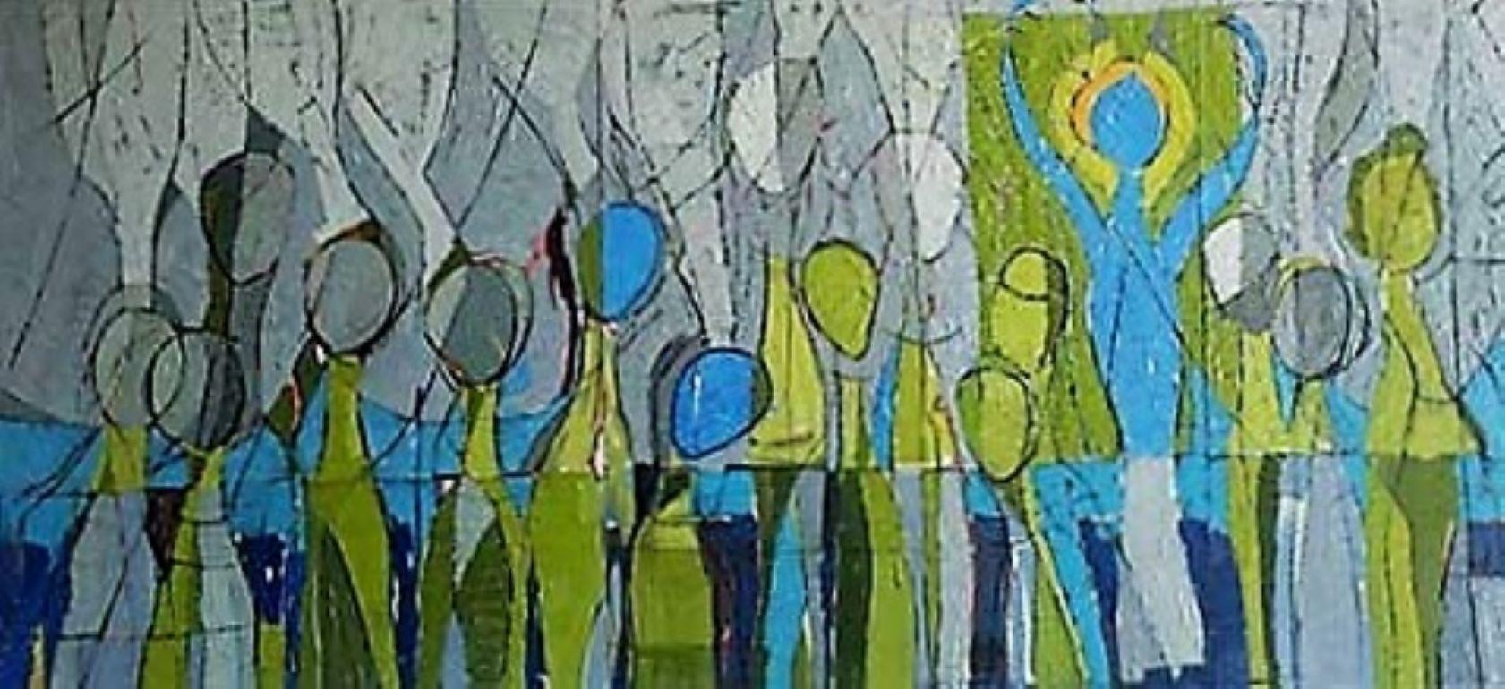 Julianne Ingles Figurative Painting - The People, A gathering of abstract people, lobby, entrance or public space