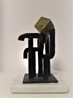 Cubist Form Bronze and Green Cube Abstract Sculpture