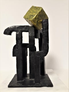 Cubist Form Bronze and Green Cube Abstract Sculpture