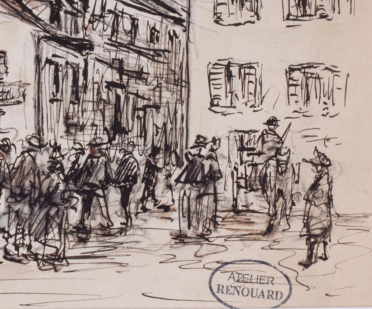 Charles Paul Renouard (French, 1845 – 1921)
A gathering in a market town
Ink and watercolour on paper
6.1/2 x 9.5/8in. (16 x 24.5cm.)
Signed with an atelier stamp (lower right)
