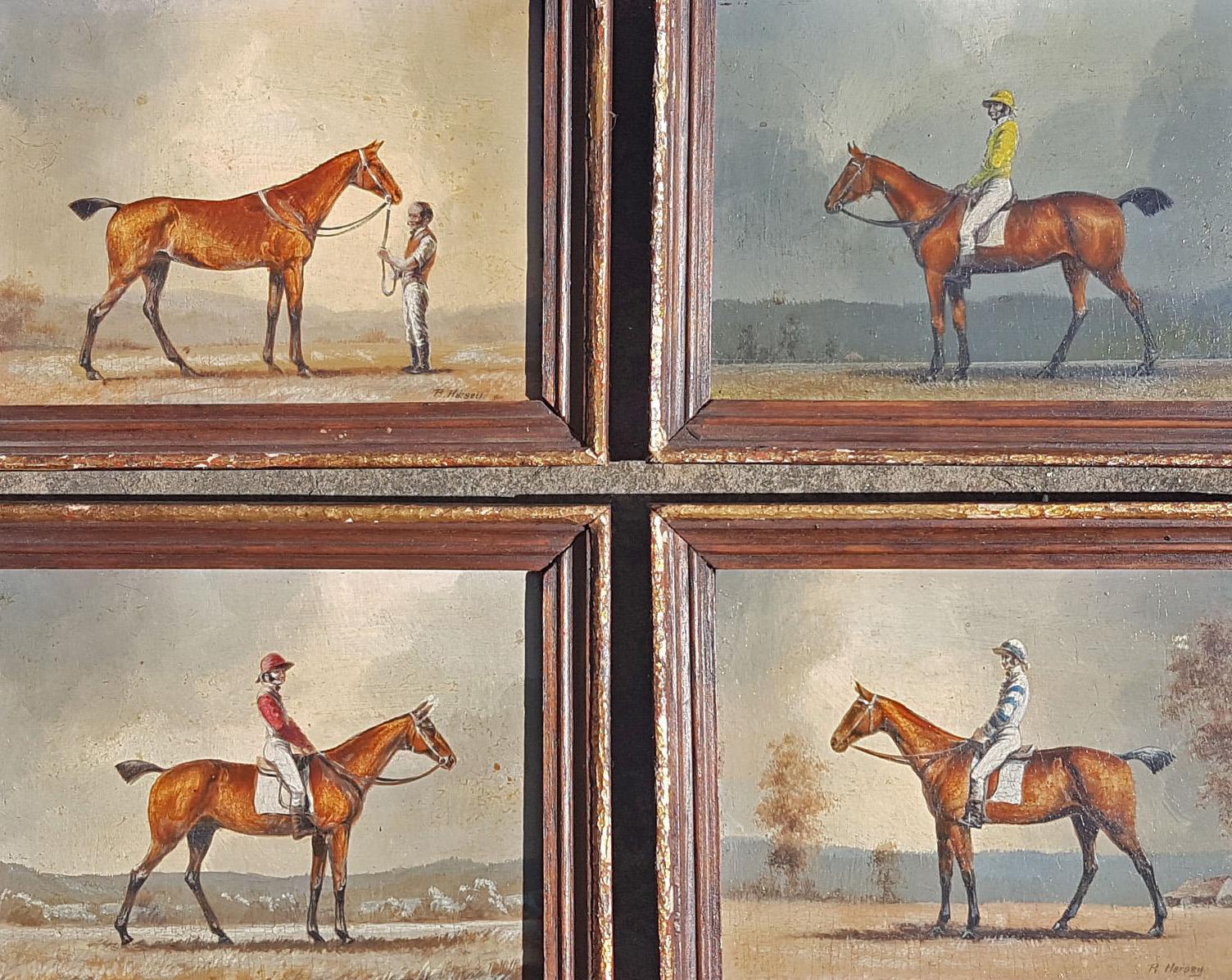 Jockeys and their mount (set of 4 miniature oil paintings of jockeys and horses) - Painting by Bob Hersey