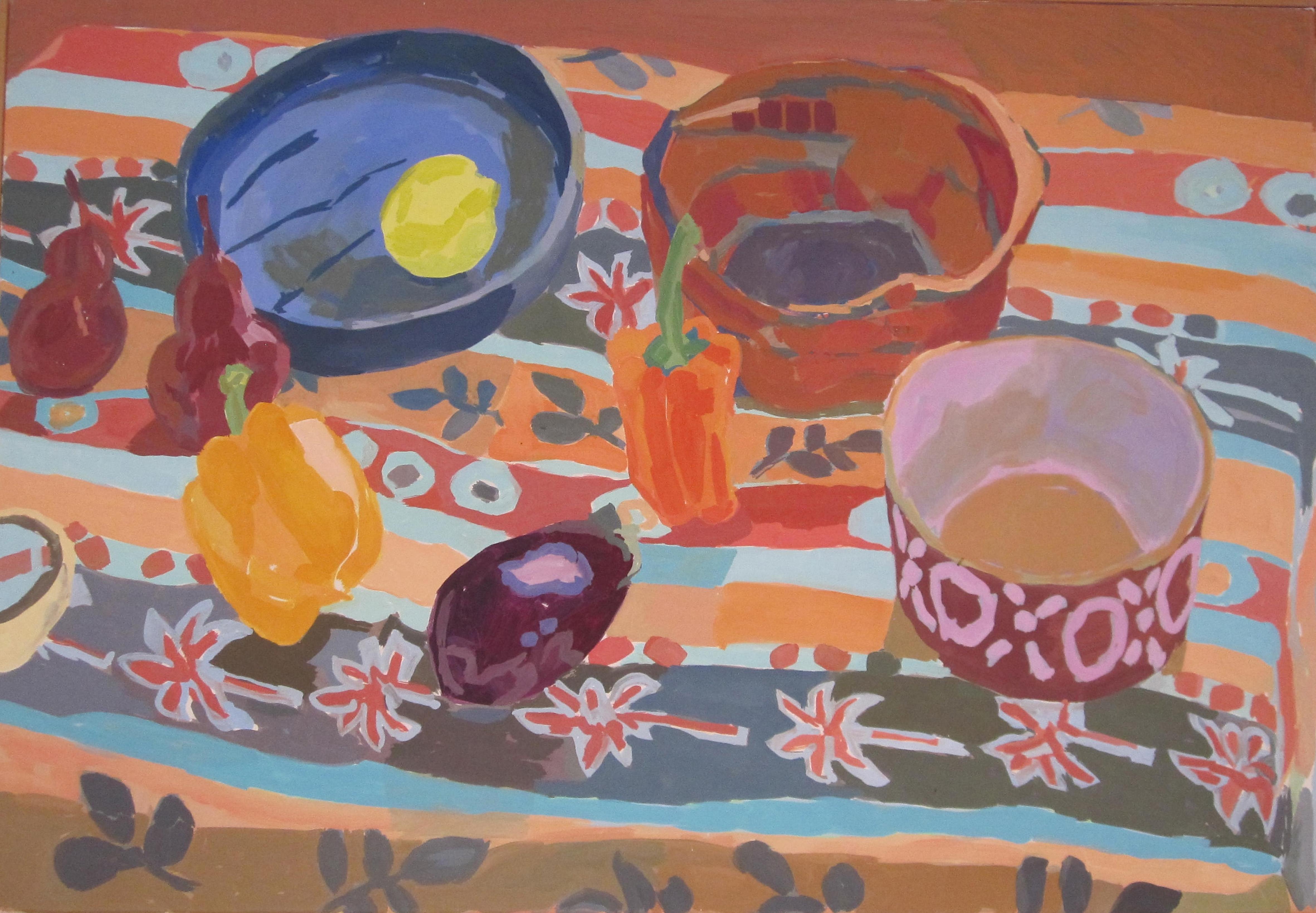 Rosie Montford Still-Life Painting - Still Life with Bowls and Peppers