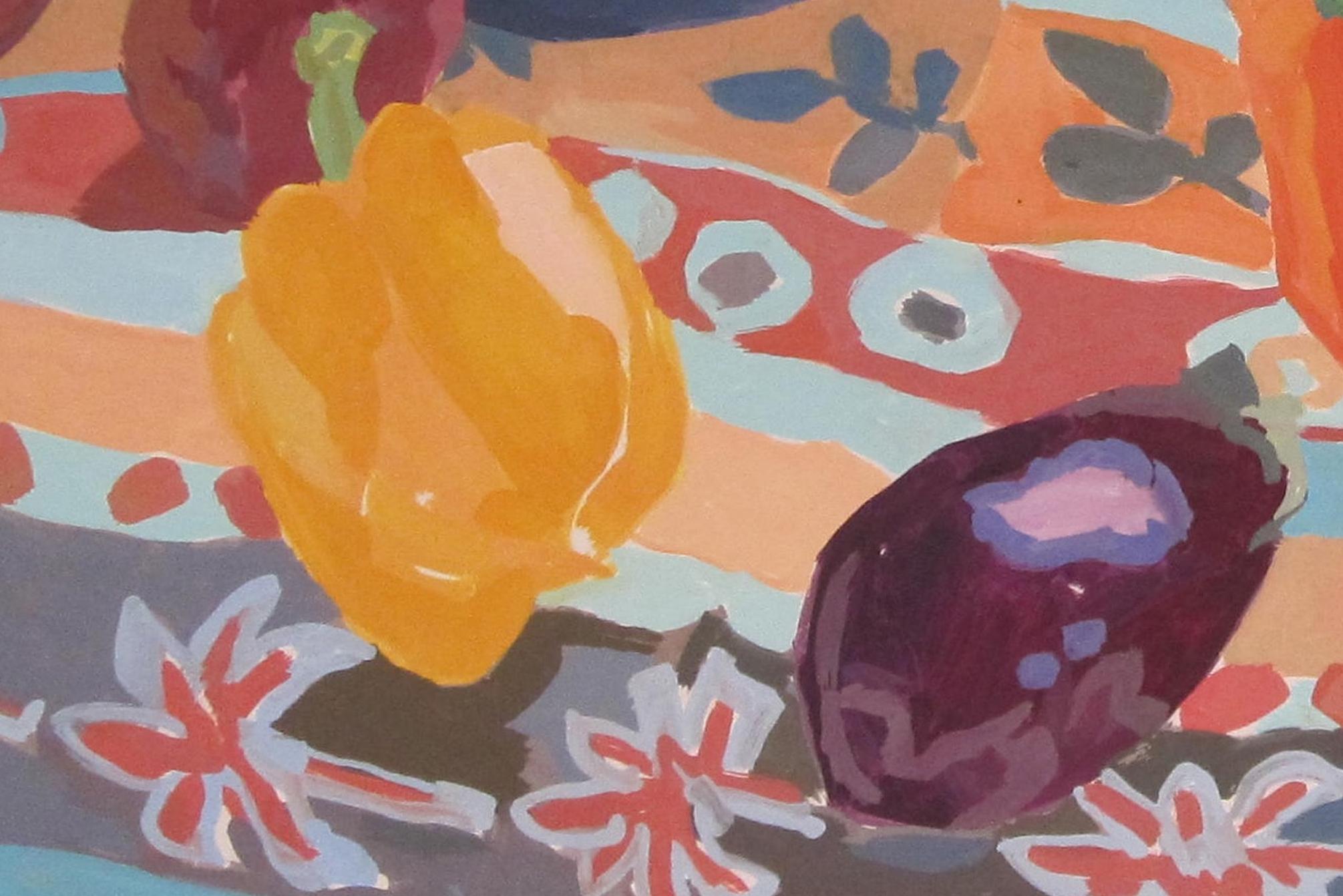 Still Life with Bowls and Peppers - Brown Still-Life Painting by Rosie Montford