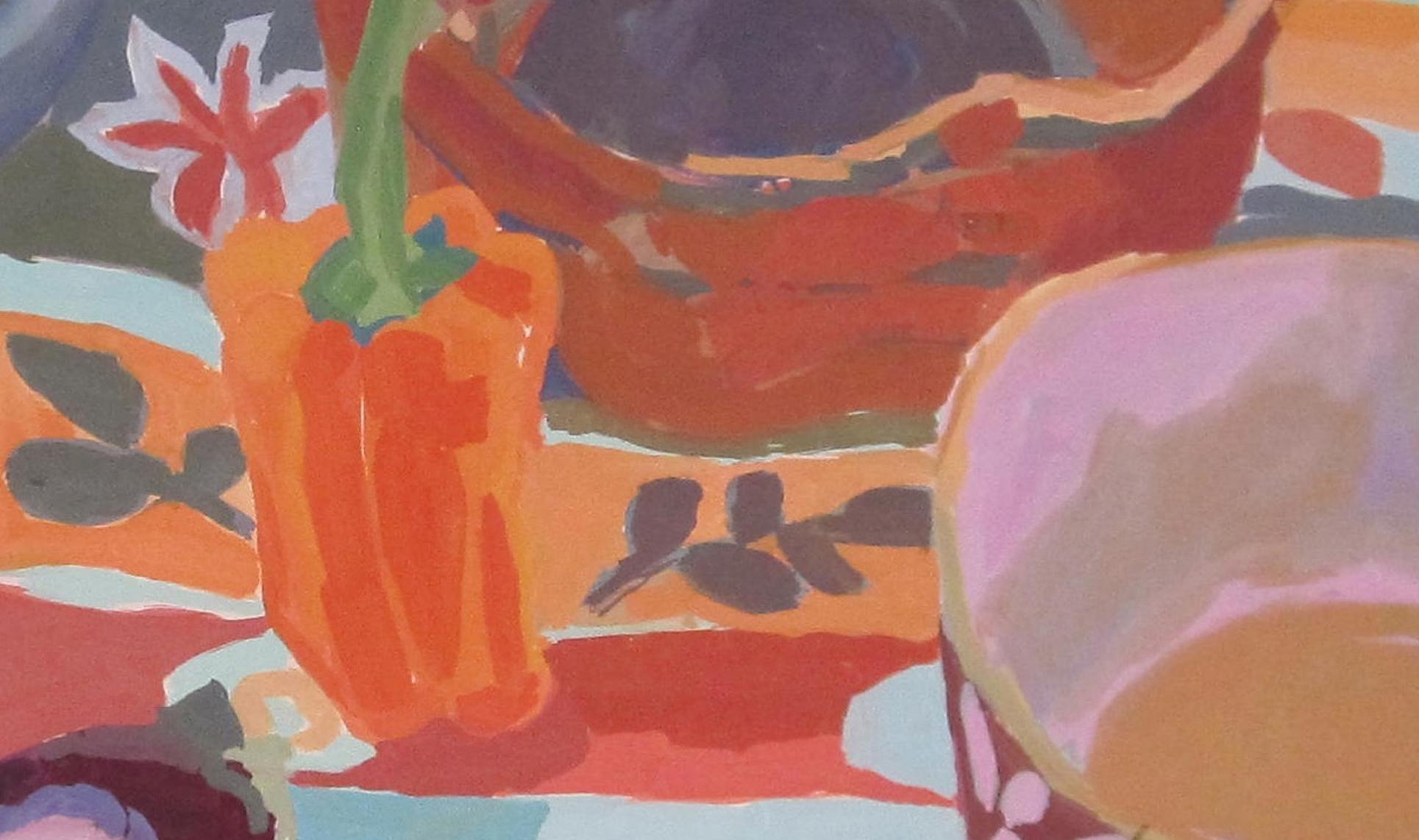 Rosie Montford (British, 20th /21st Century)
Still life with bowls and peppers, 1995
Oil on canvas
Signed, titled and dated on the reverse
86 x 124 cm.

This particular example of Rosie Montford's work illustrates her power with colour and form over