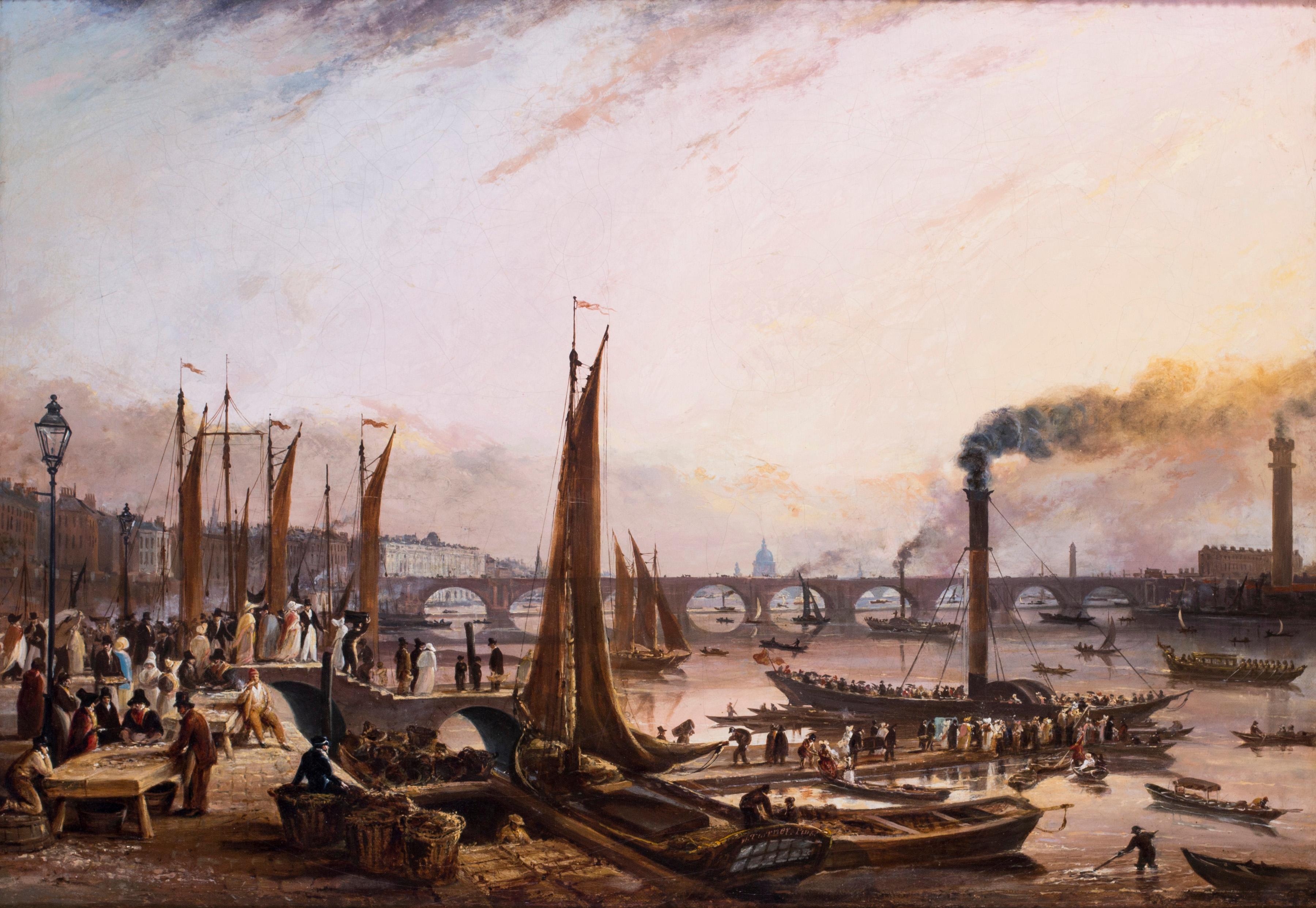 William Turner de Londe  Landscape Painting - Crowds embarking on a paddle steamer trip before Waterloo Bridge, London