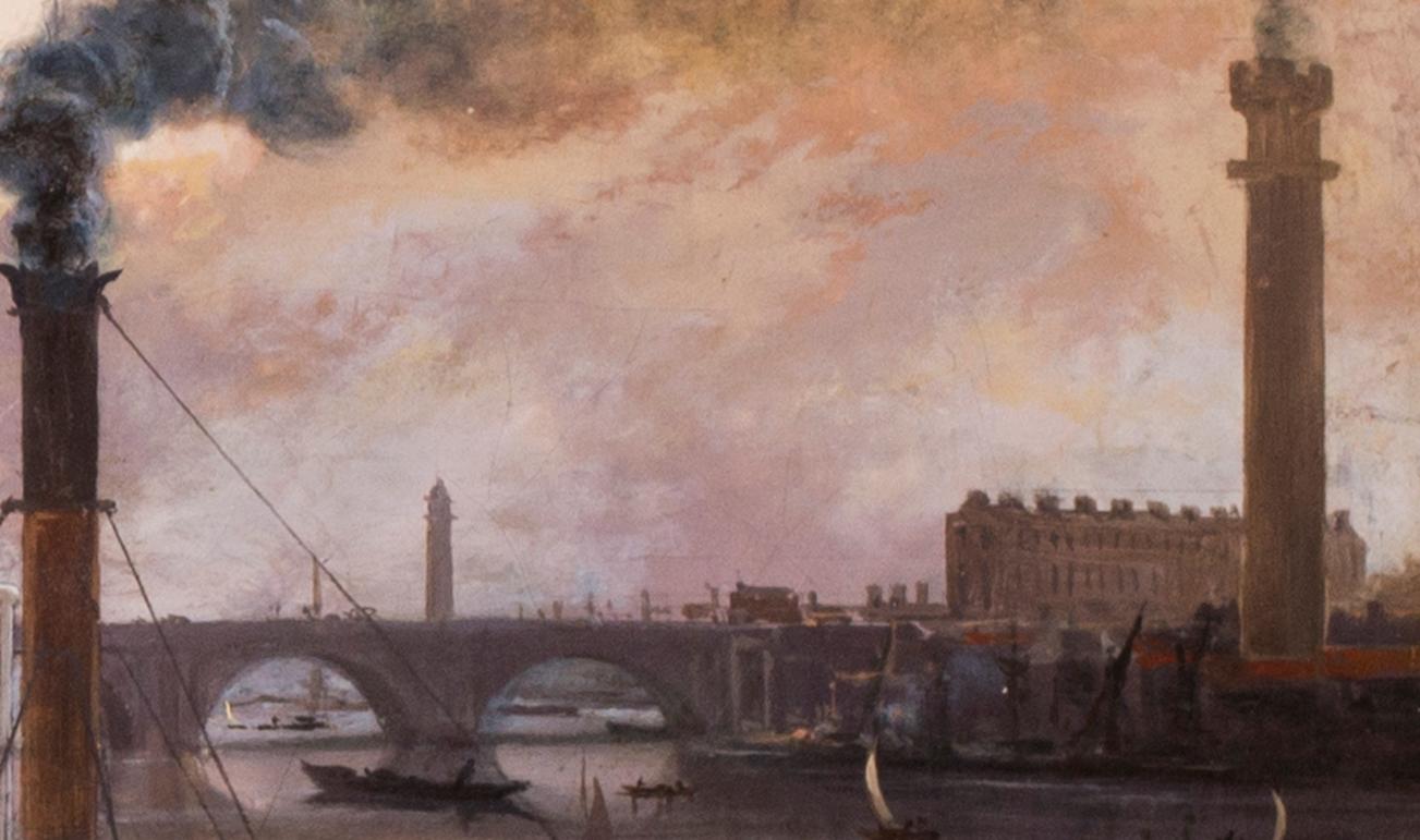 Crowds embarking on a paddle steamer trip before Waterloo Bridge, London - Beige Landscape Painting by William Turner de Londe 