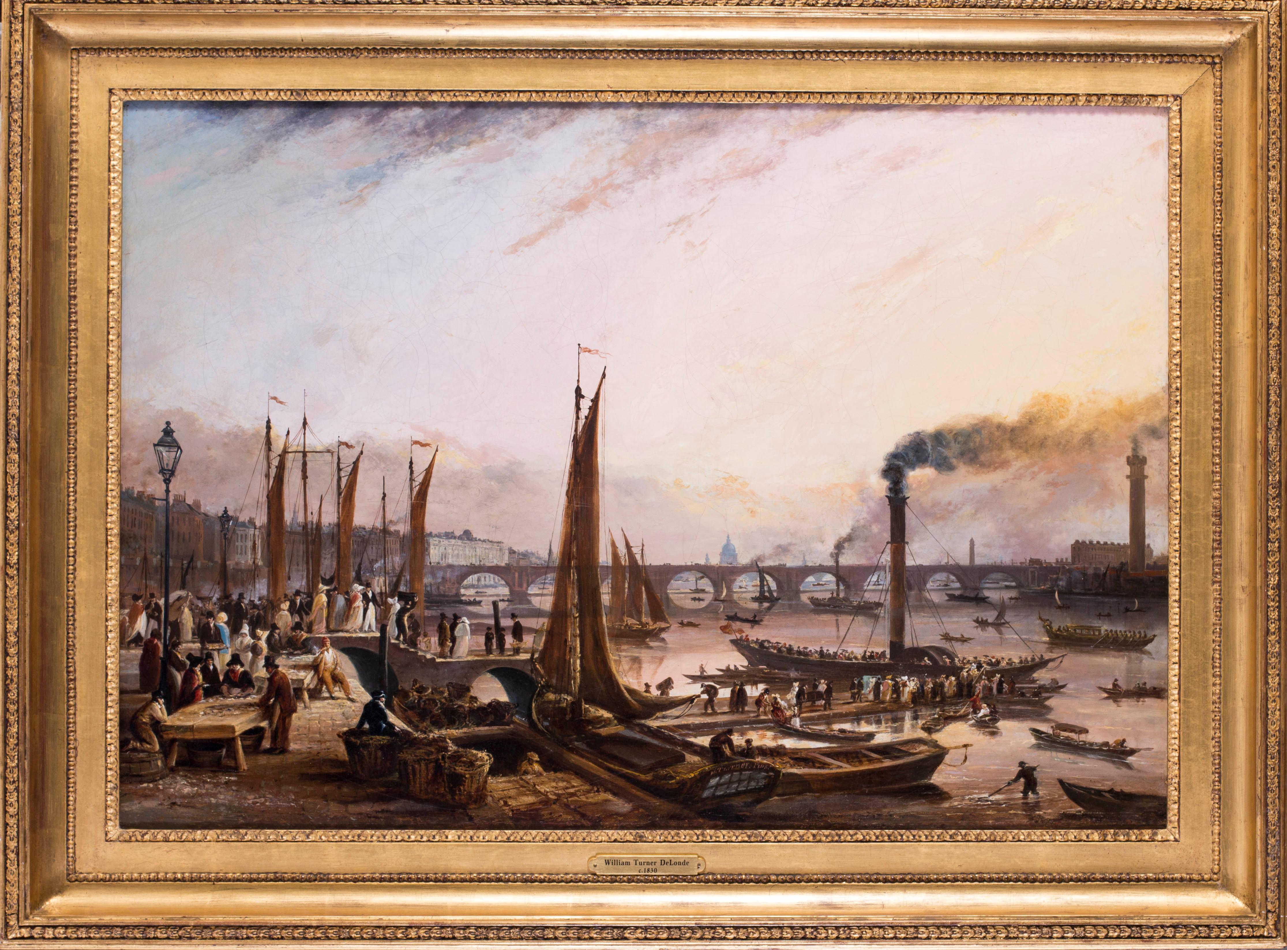 William Turner de Londe (British, fl. 1820 – 1837)
Crowds embarking on a paddle steamer trip before Waterloo Bridge, London
Signed ‘W. Turner. Pinx’ (on a boat, lower middle)
Oil on canvas
20 x 27.1/2 in (50.8 x 70 cm.)
£10,400


This fabulous