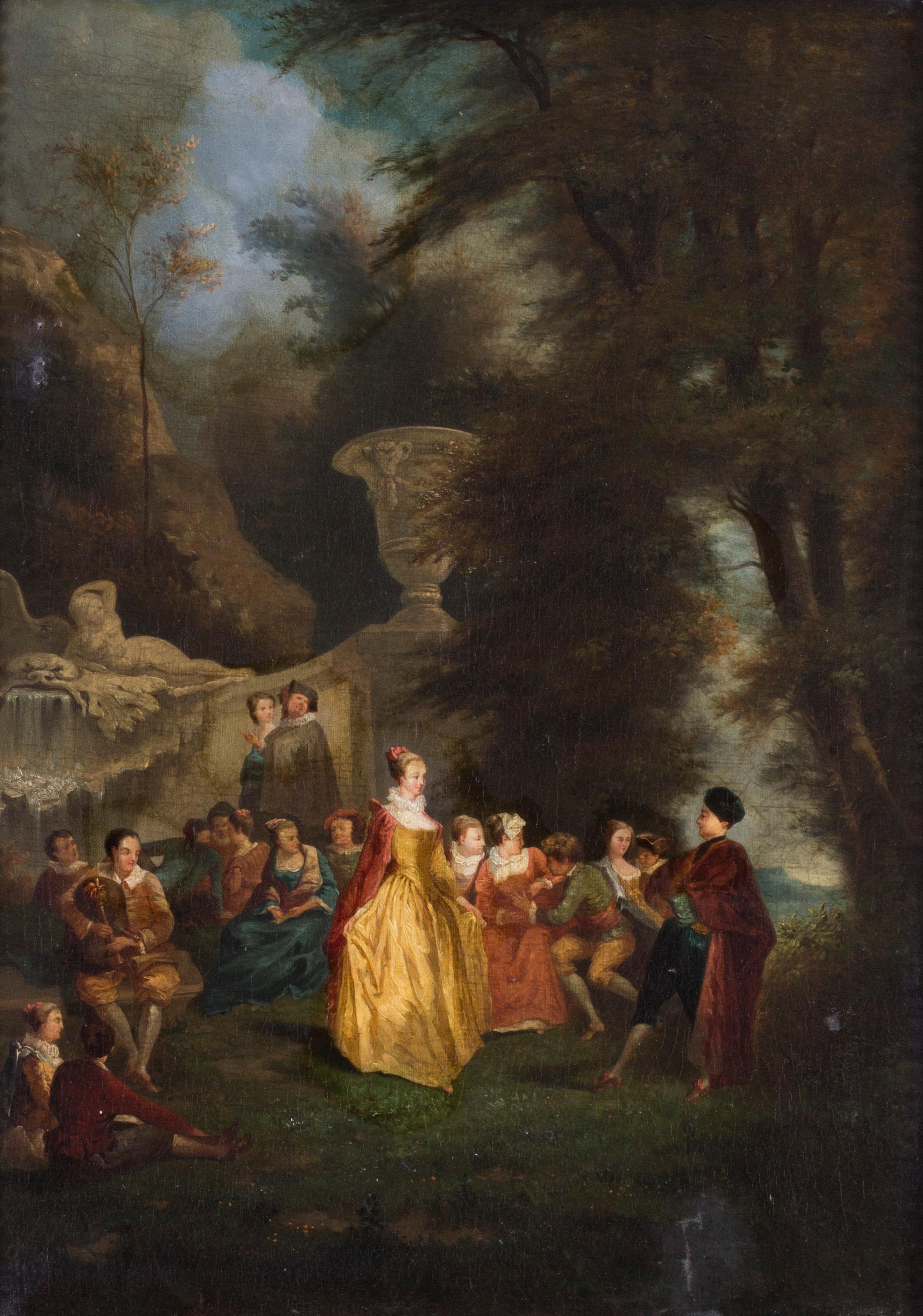 Unknown Landscape Painting - A French, 19th Century oil painting of a garden party (Fête champêtre)