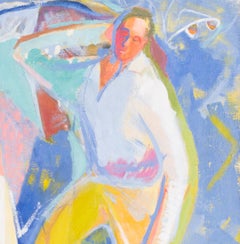 20th Century British school original oil painting of a picnic, yellow blue tones