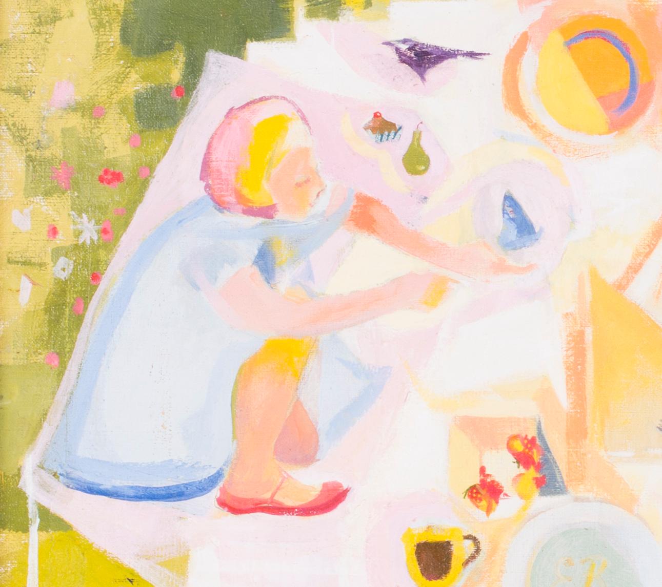 20th Century British school original oil painting of a picnic, yellow blue tones - Expressionist Painting by Modern British