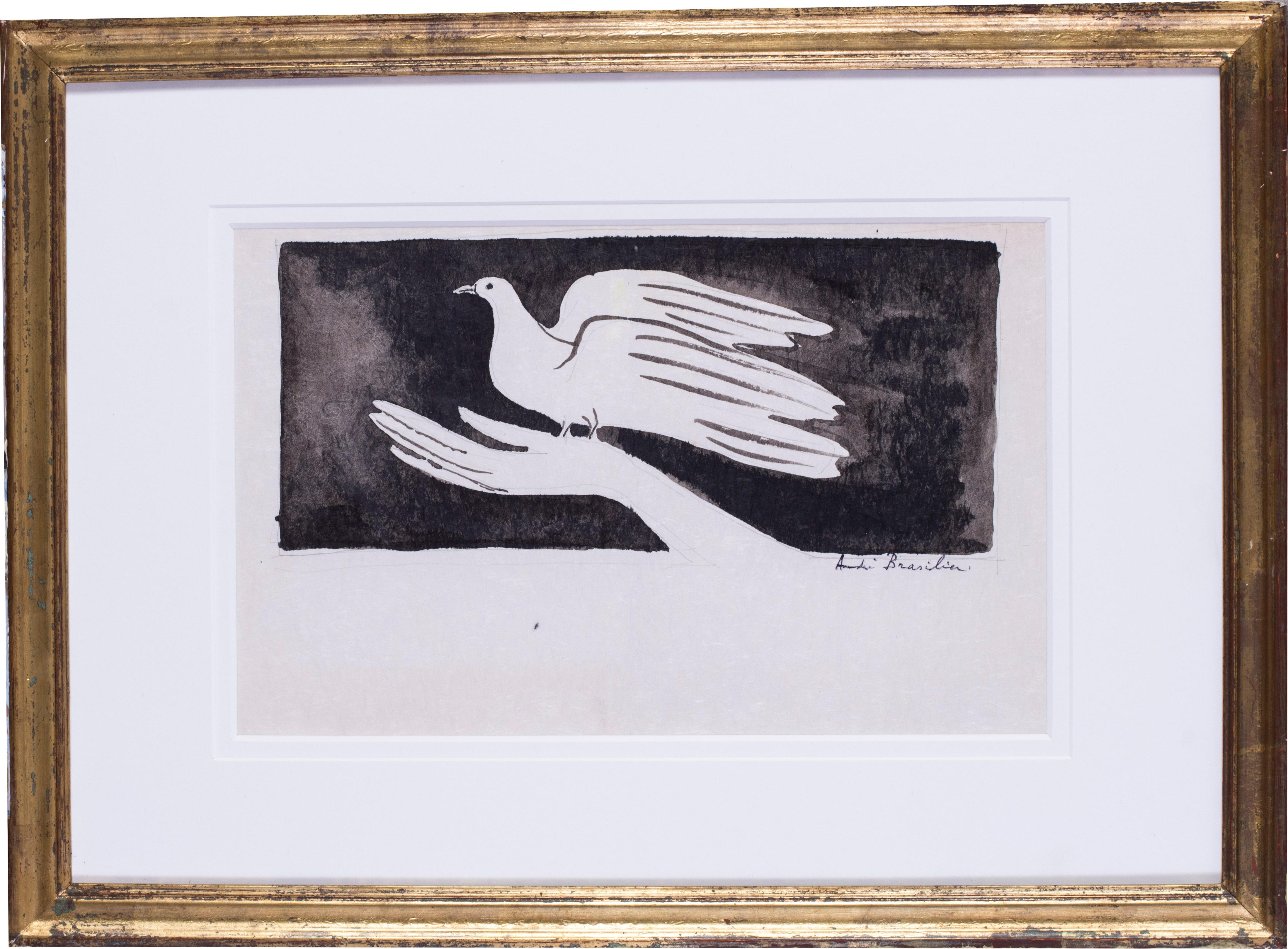 André Brasilier Animal Art - 20th C French expressionist ink drawing of a dove in the hand by  Brasilier