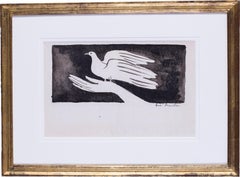 20th C French expressionist ink drawing of a dove in the hand by  Brasilier