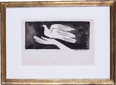 20th C French expressionist ink drawing of a dove in the hand by  Brasilier