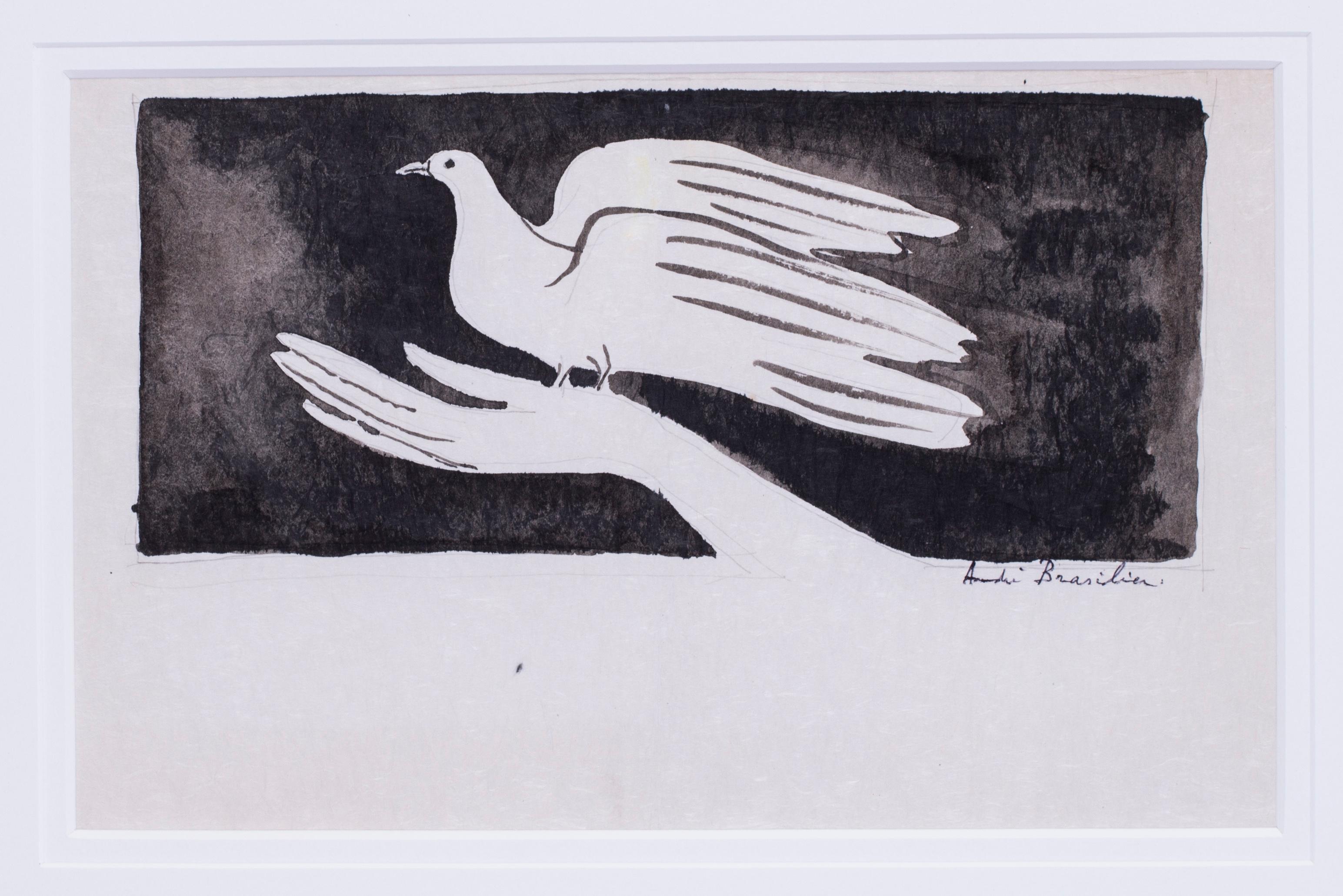 20th C French expressionist ink drawing of a dove in the hand by  Brasilier - Art by André Brasilier