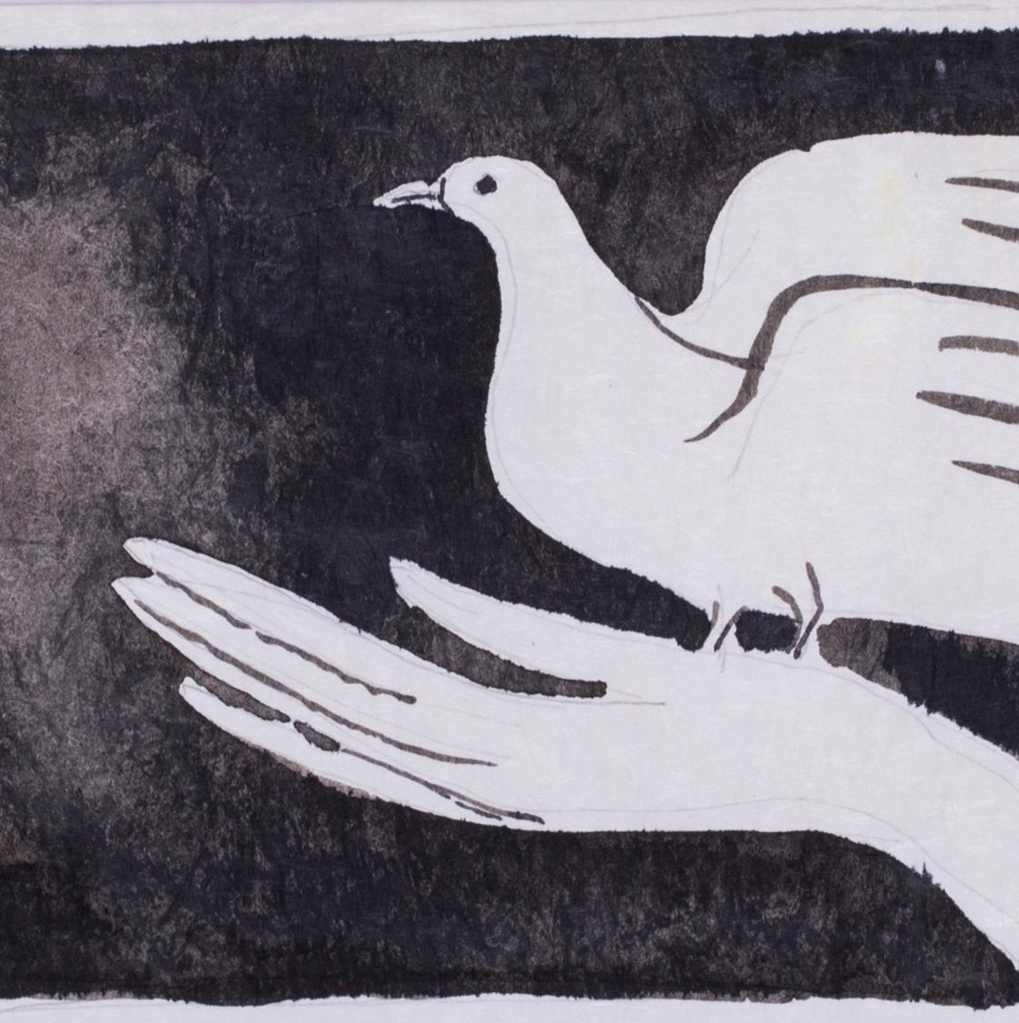 20th C French expressionist ink drawing of a dove in the hand by  Brasilier - Gray Animal Art by André Brasilier