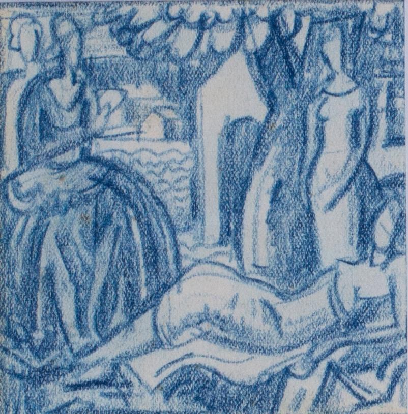 A set of six blue crayon vignettes possibly designs for later illustrations  2