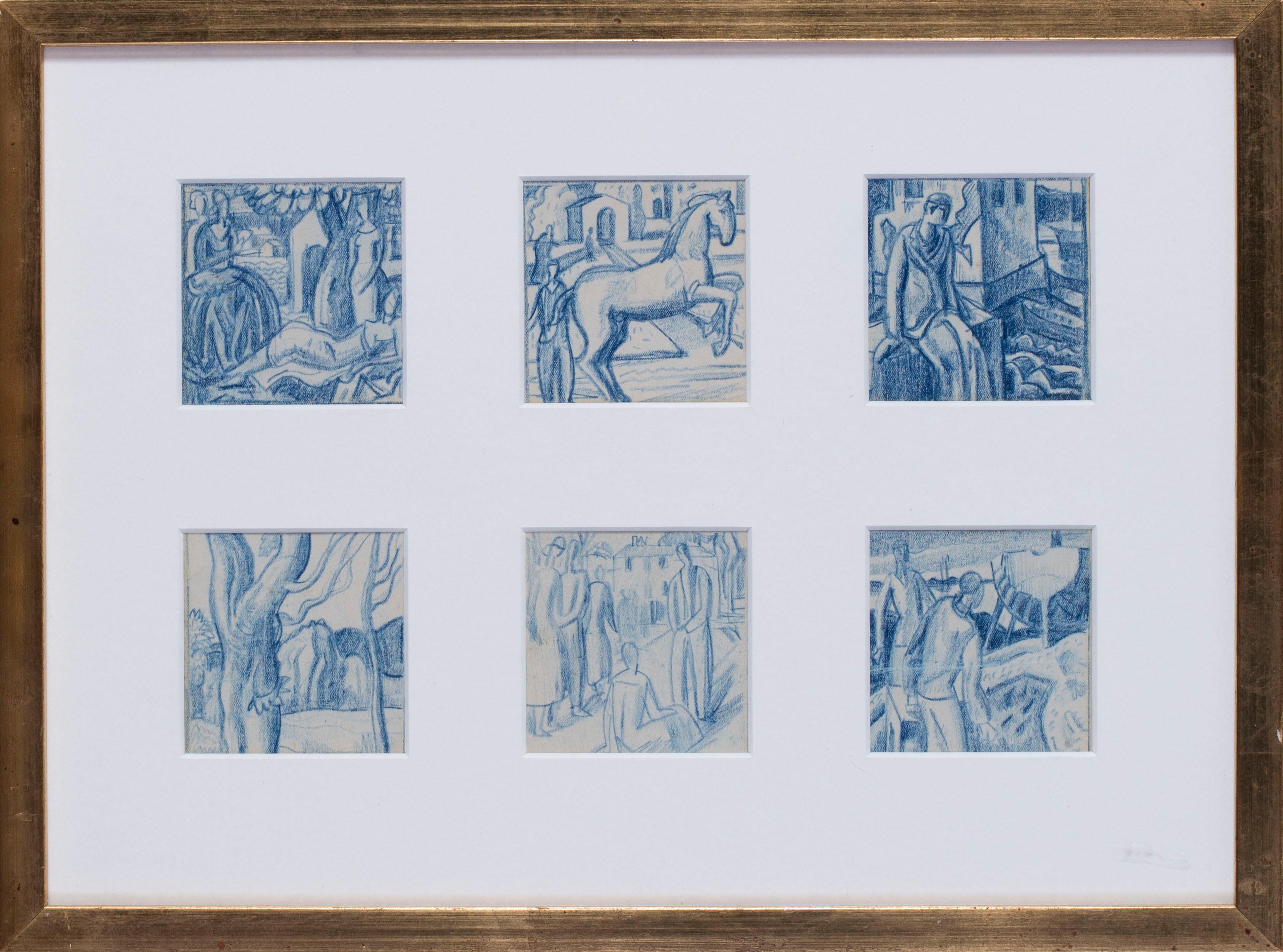 Walpole Champneys Figurative Art – A set of six blue crayon vignettes possibly designs for later illustrations 