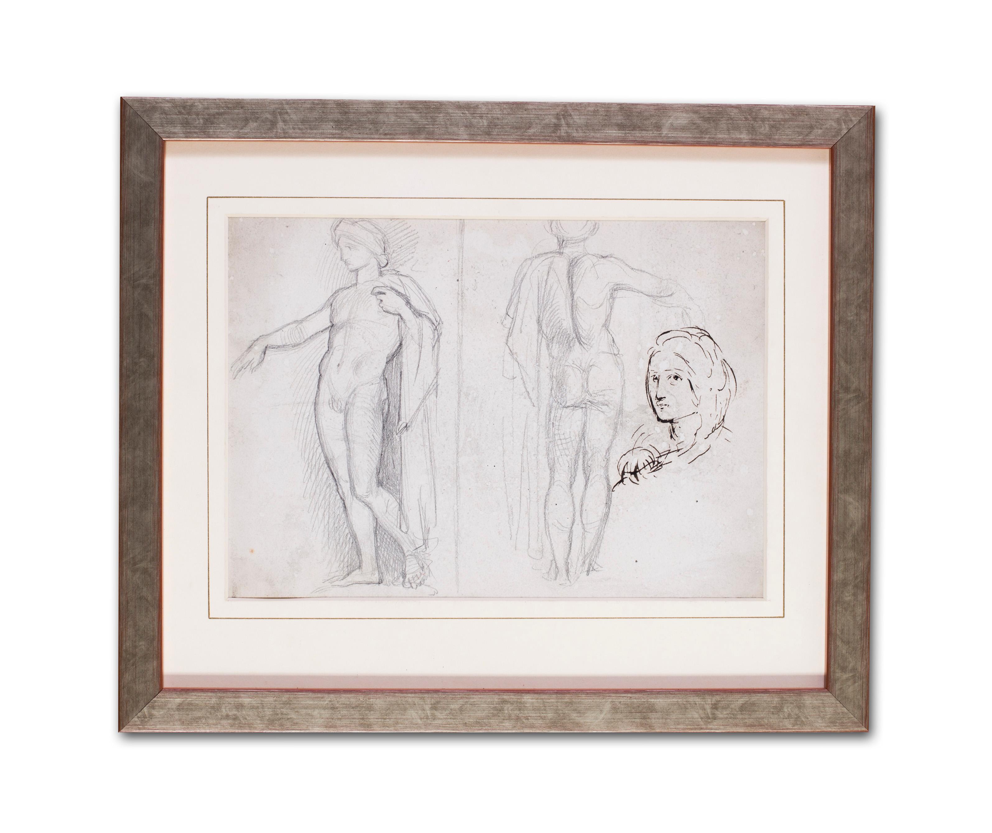 Studies of a statue and a sketch of a lady in ink - Art by George Richmond