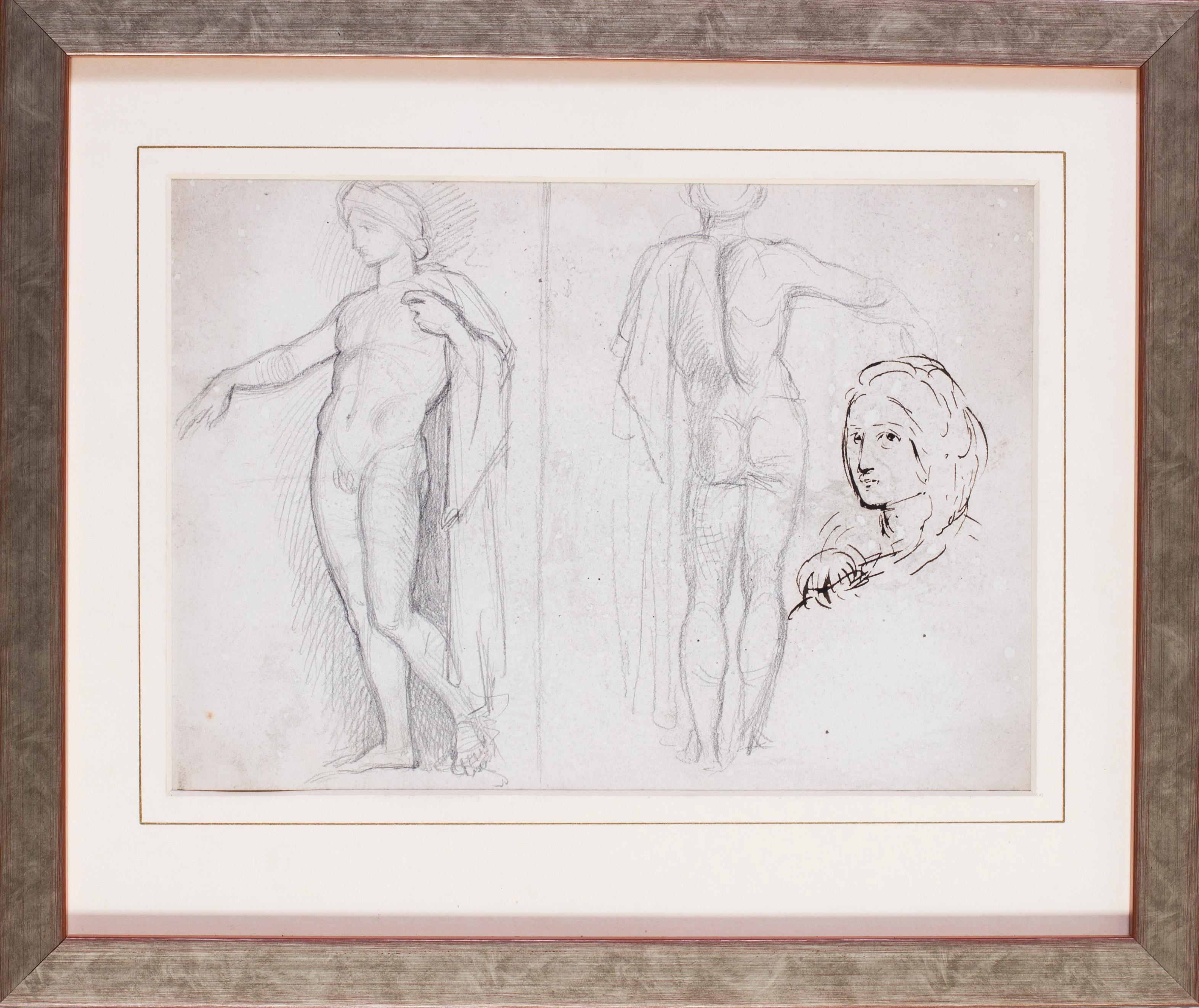 Studies of a statue and a sketch of a lady in ink