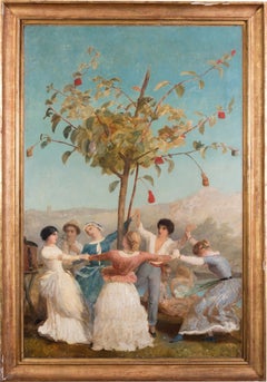 Large 19th Century Spanish oil painting of villagers dancing under blue skies