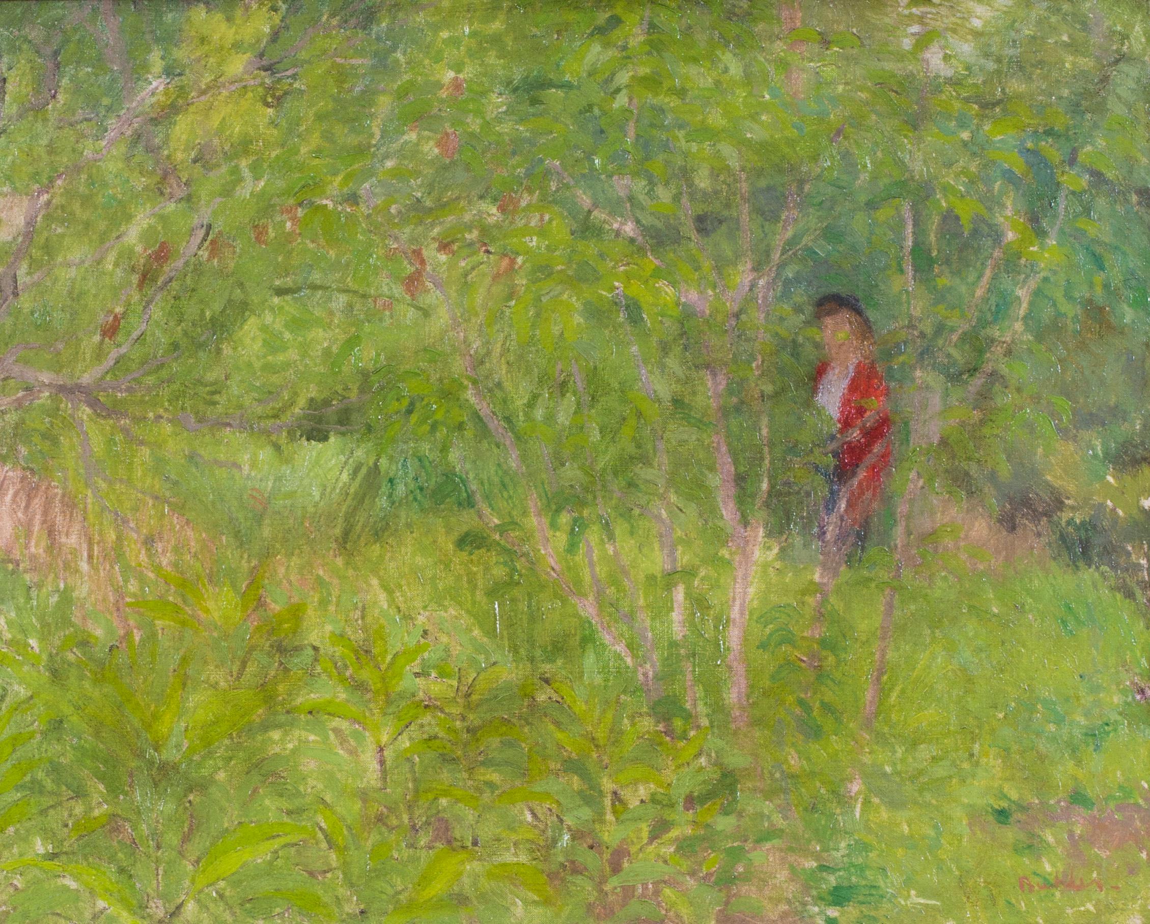 A British Impressionist painting of a lady in red walking through a green garden - Painting by Robert Buhler RA