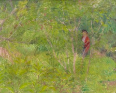 A British Impressionist painting of a lady in red walking through a green garden