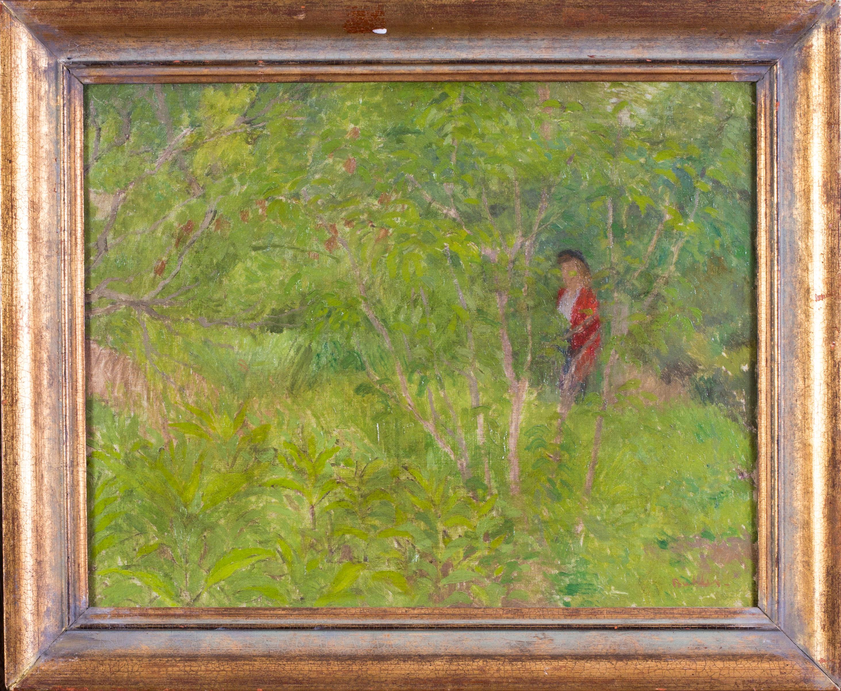 Robert Buhler RA Landscape Painting - A British Impressionist painting of a lady in red walking through a green garden