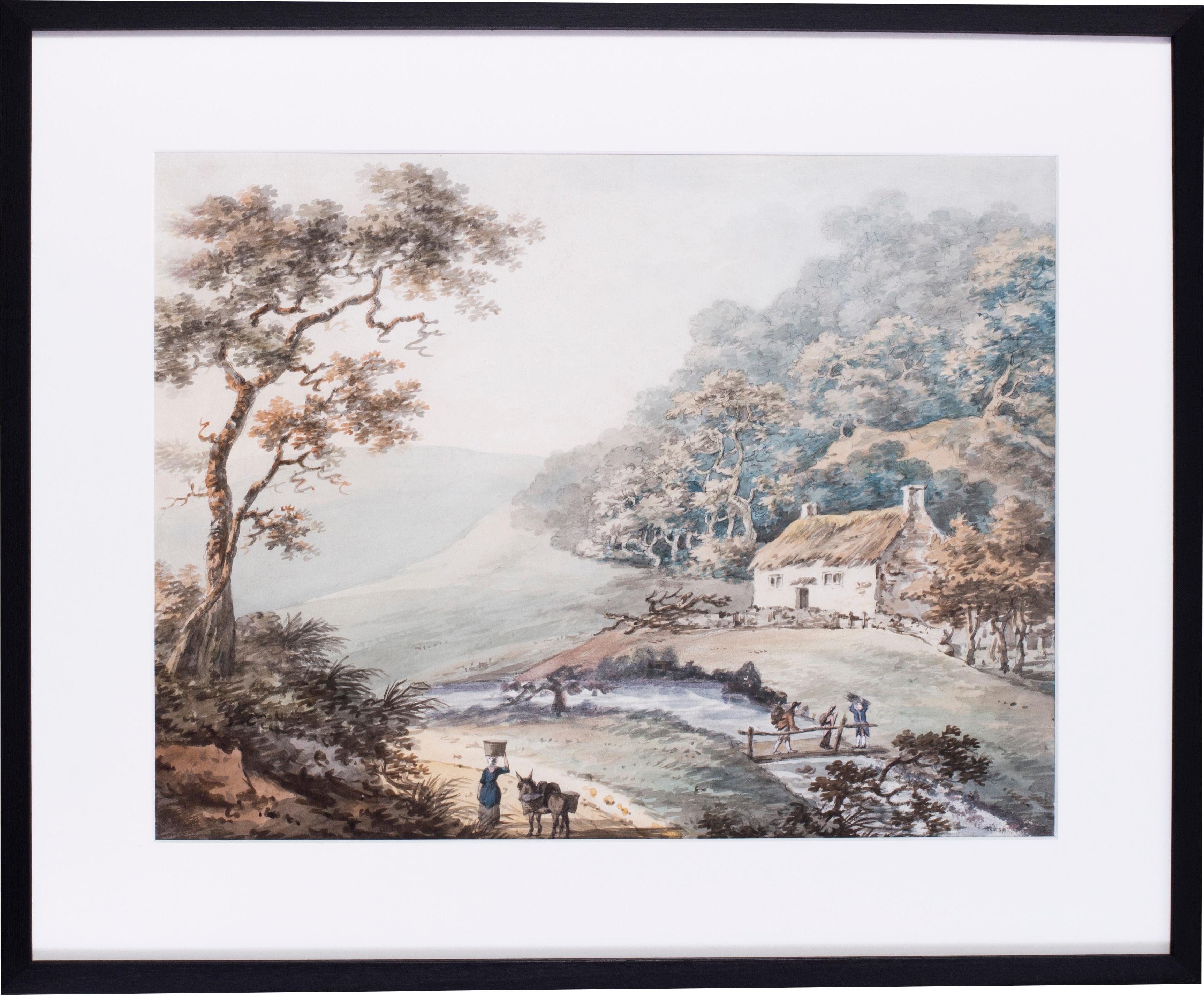 Figures before a cottage in a hilly woodland landscape