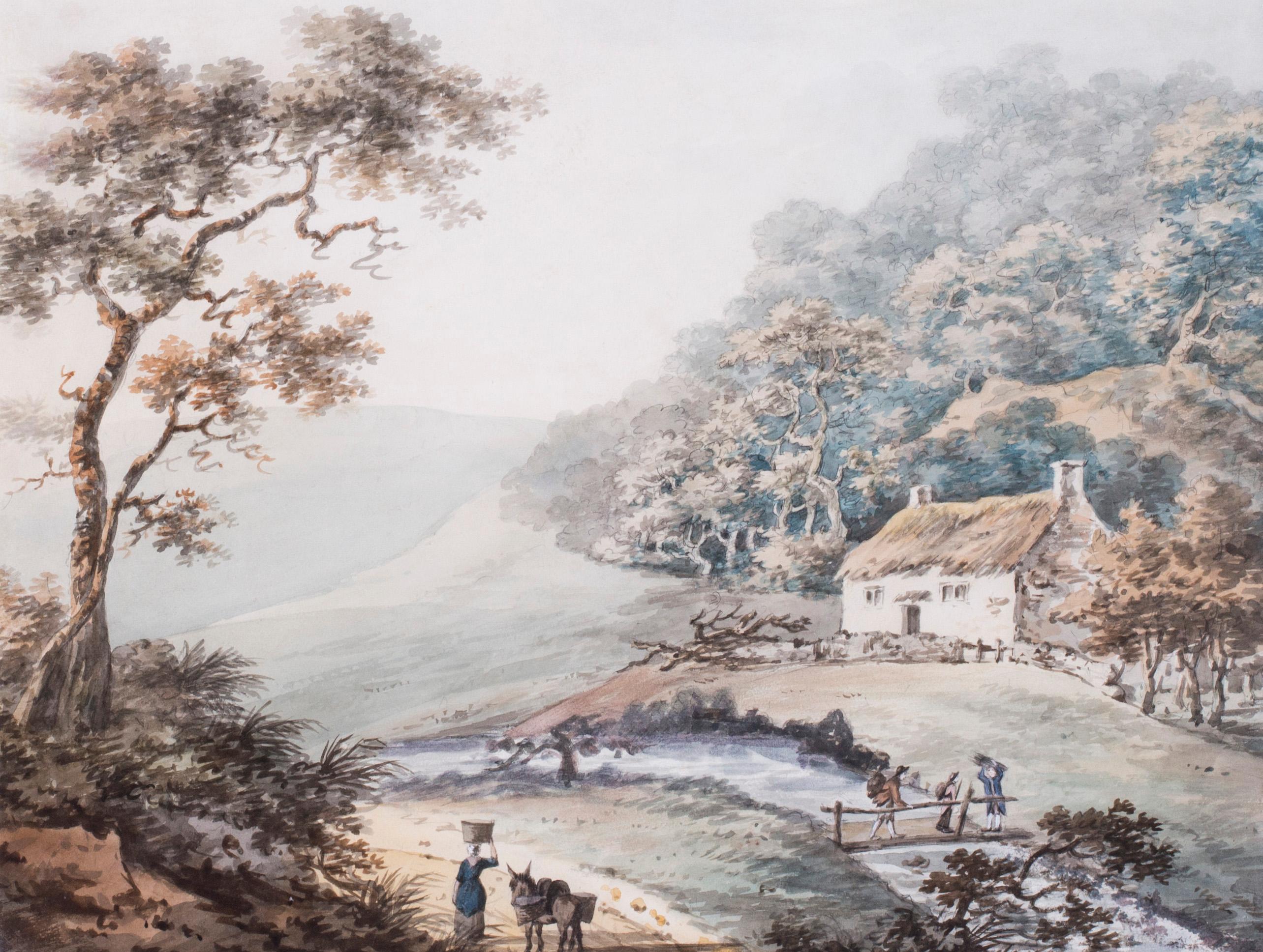 Figures before a cottage in a hilly woodland landscape - Art by Unknown
