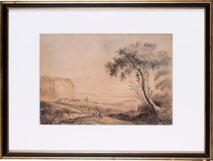 A British 19th Century watercolour of a traveller before a hilltop coastal fort