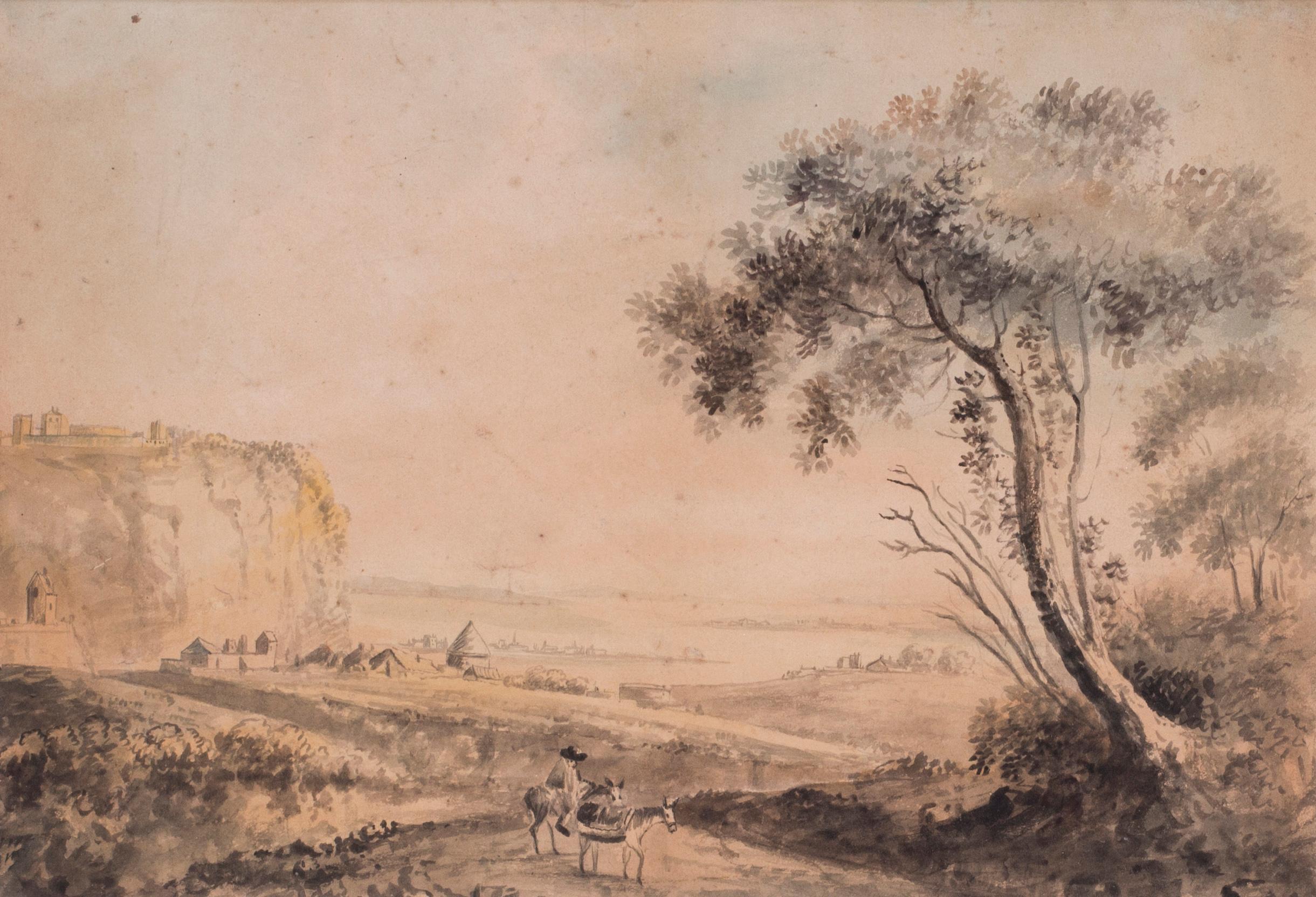 A British 19th Century watercolour of a traveller before a hilltop coastal fort - Art by Unknown