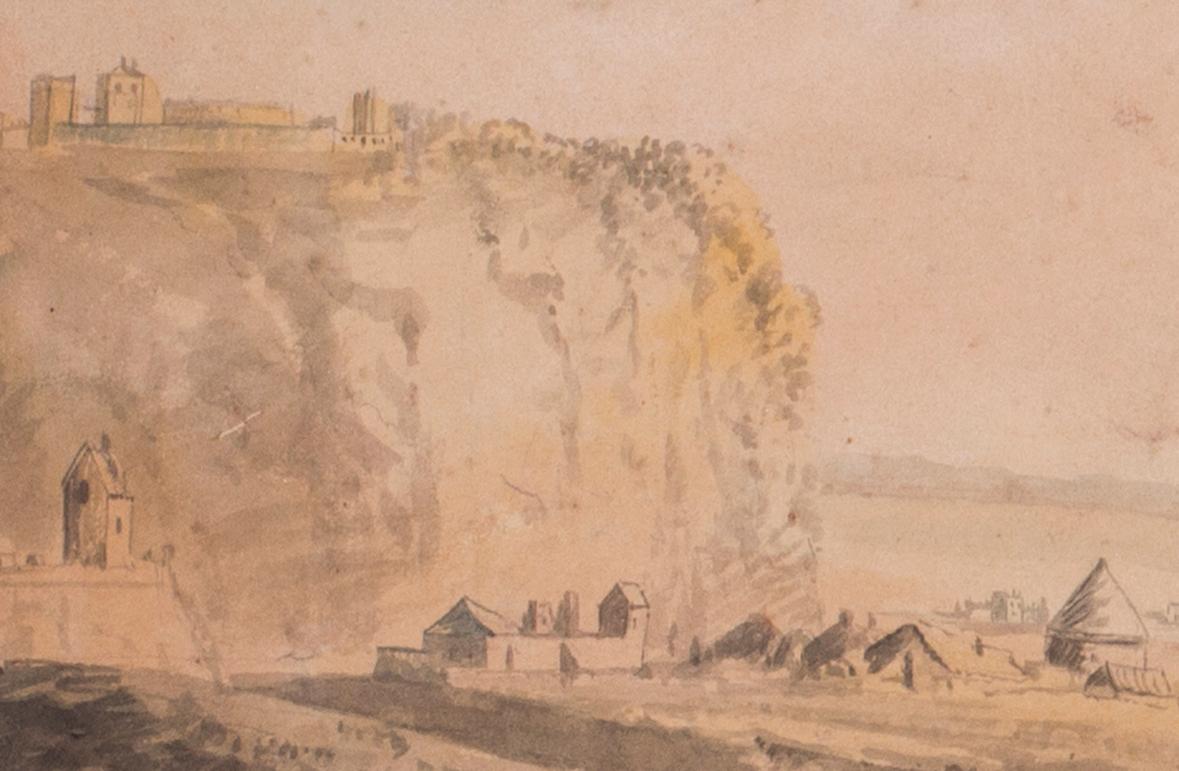 A British 19th Century watercolour of a traveller before a hilltop coastal fort - Beige Landscape Art by Unknown