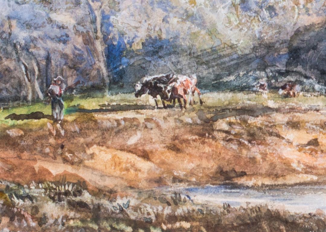 Une aquarelle anglaise du 19ème siècle représentant du bétail décharné devant un manoir boisé - Académique Art par Unknown