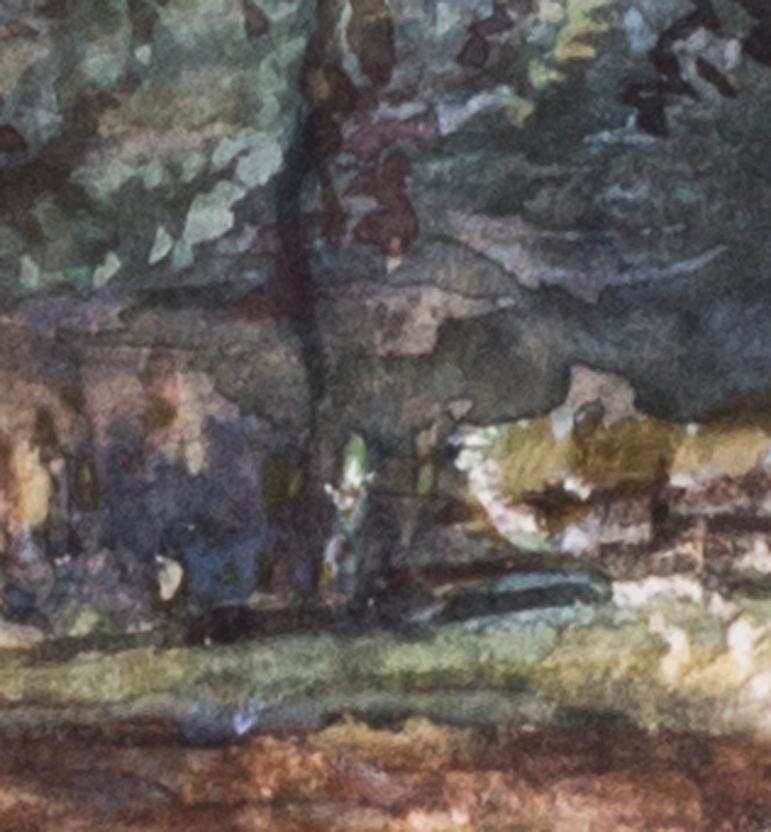 École anglaise, 19e siècle
Battage de bétail devant un manoir forestier
Aquarelle sur papier avec couleur de corps
9.1/4 x 13.3/8 in. (23,5 x 34cm.)

Il s'agit d'une aquarelle de paysage très bien exécutée, utilisant la couleur du corps pour créer