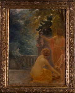 A French 19th Century oil painting of maidens offering flowers to Cupid