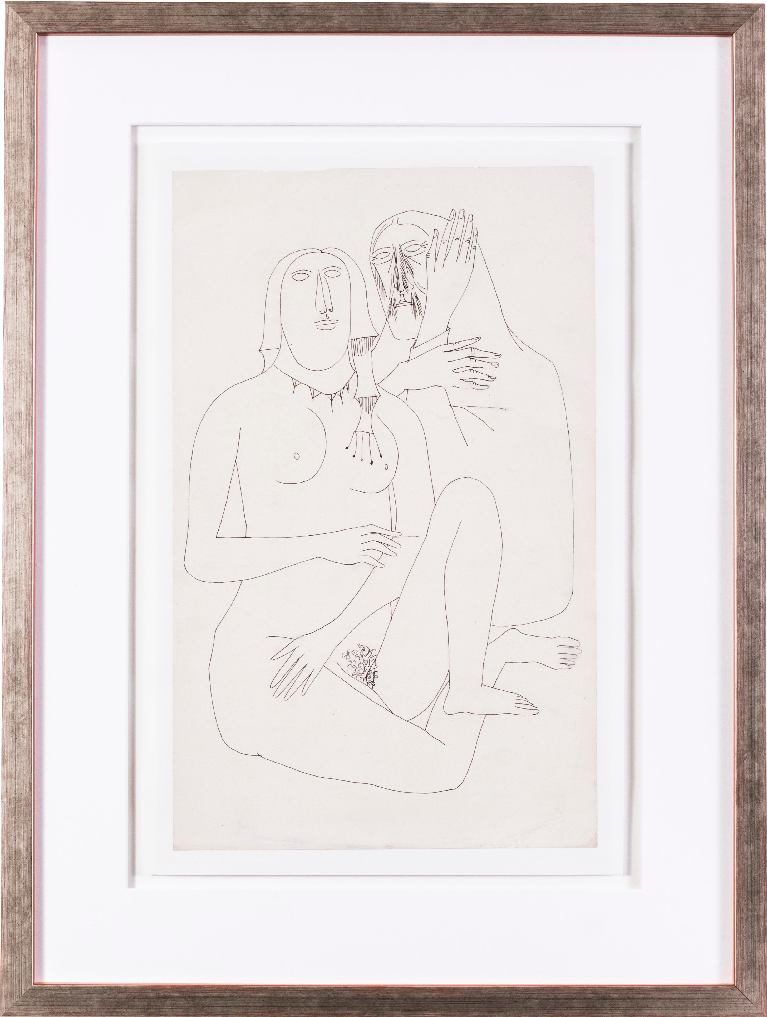 FRANCIS NEWTON SOUZA Abstract Drawing - A 20th Century Indian abstract drawing of lovers by Indian artist F. N. Souza