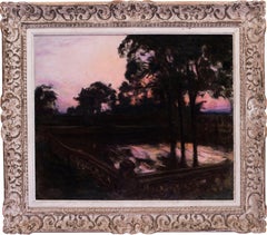 A French 19th Century oil painting of a Sunset before a pagoda