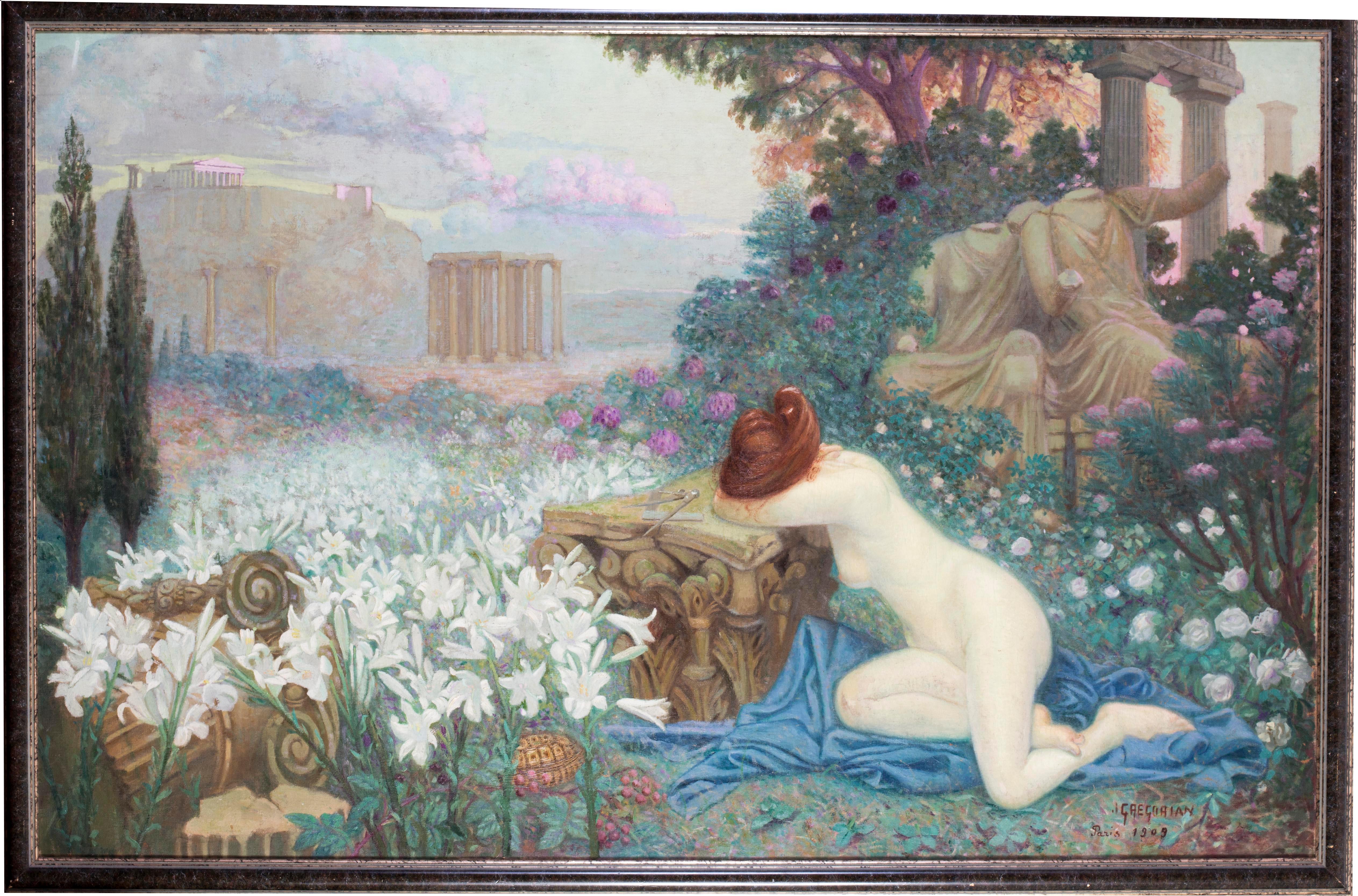 Jean Gregorian (French, circa 1909)
Allegory of Lost Empire
Oil on canvas
Signed, inscribed and dated ‘J GREGORIAN / Paris 1909’ (lower right)
43 x 66.1/2 in. (109.3 x 169 cm.)

Provenance: Christies Paris 19th September 2017

This large, classical