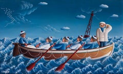 A 20th Century French oil painting of sailors on a boat, blue by Dejoie