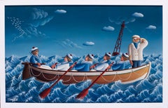 A 20th Century French oil painting of sailors on a boat, blue by Dejoie